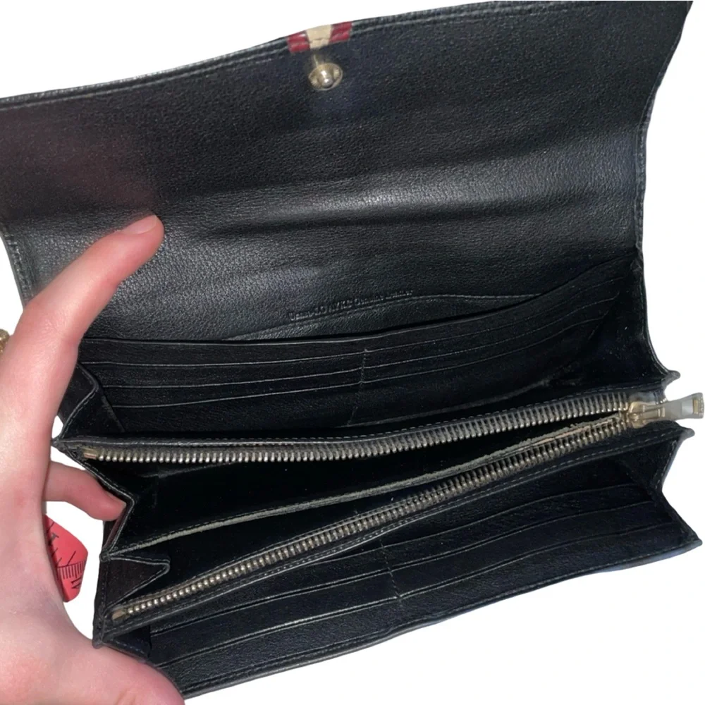 Bally black leather long wallet signature red and off-white stripe. 4x8